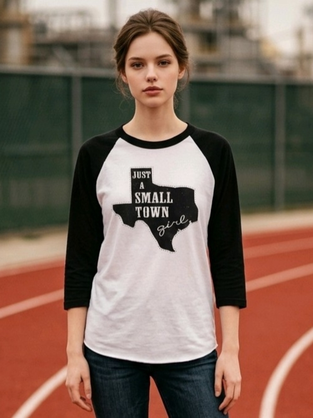Shaka Active Wear Raglan Baseball Tee With "Just a Small Town Girl" Graphic L